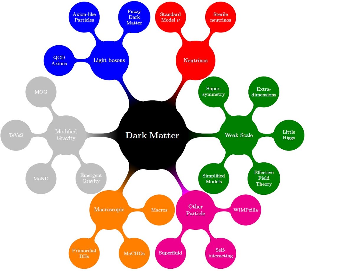 Эта многоногая  паукообразная схема иллюстрирует современный спектр возможных решений для проблемы темной материи. (Рисунок из статьи G. Bertone & T. Tait, A new era in the search for dark matter,2018)