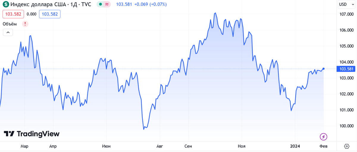     Индекс доллара с февраля 2023 по январь 2024 года Вадим Кизимов