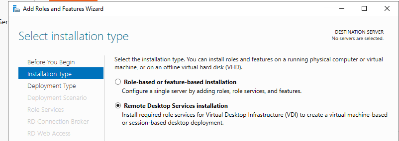 Обратите внимание, что если в Server Manager вы выбрали тип установки Remote Desktop Services installation,  то в режиме Standard deployment и Quick Start установщик дополнительно  установит роли RD Connection Broker и Web Access. В нашем случае все эти  роли излишни, т.к. мы ставим стендалон RDS сервер. 