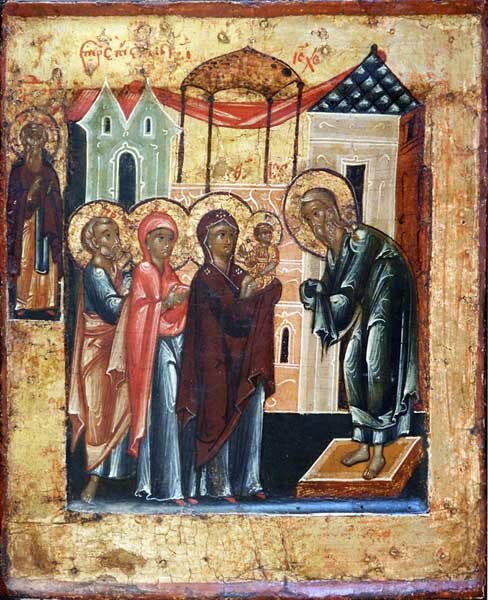 СРЕТЕНИЕ Конец XVI – начало XVII века (?). Средняя Русь (?). Дерево, темпера; 24 × 21,5 см. Собрание Музея имени Андрея Рублева