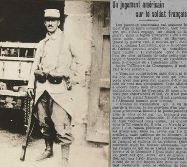Алан Сигер в форме легионера и фрагмент статьи о нем из газеты Le Radical от 23 августа 1916 года