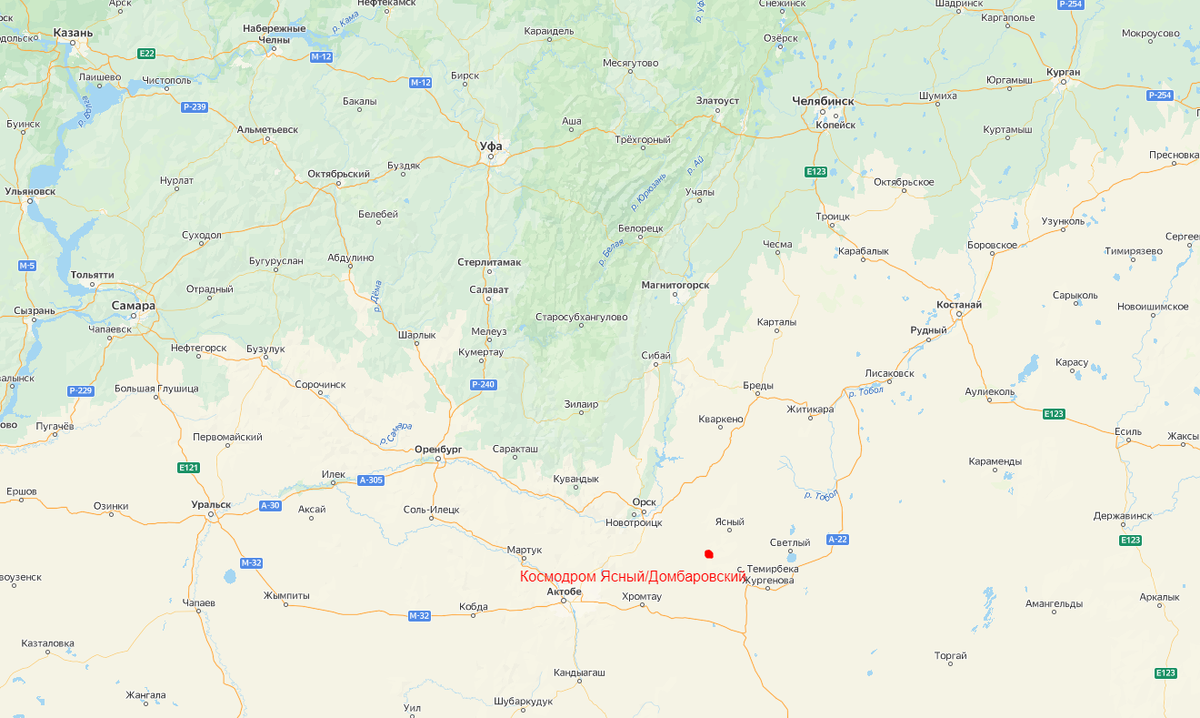 Космодрома "Ясный" ("Домбаровский") на карте. Для увеличения кликните на изображение.