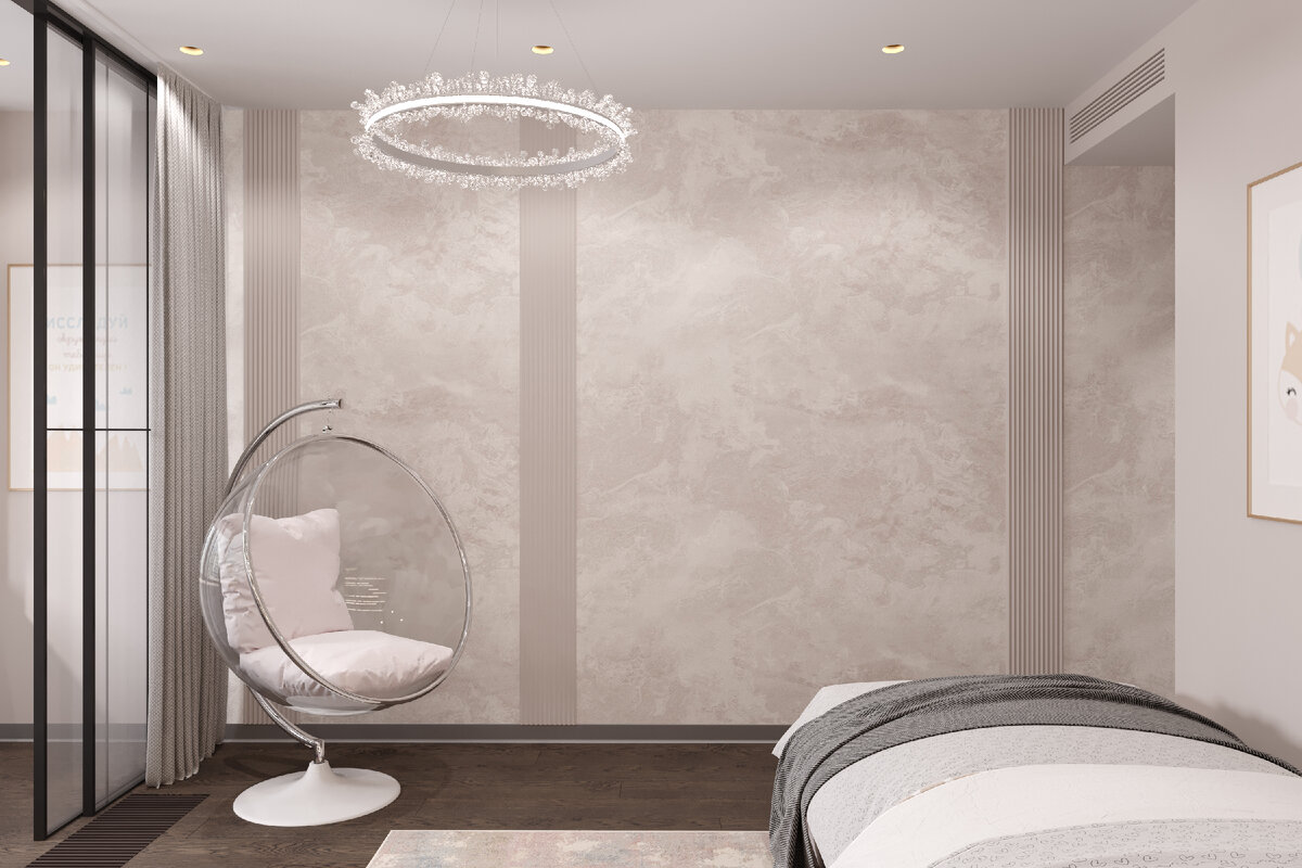 Кресло-шар, место для отдыха и чтения. Отделка стен декоративная штукатурка и панели. На полу паркетная доска. 