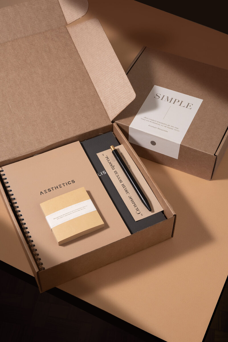 Тетрадь в клетку 48 л, 2 шт; Ручка шариковая на подложке, 1 шт; Набор стикеров 100 л в манжете, 1 шт; Бумажный наполнитель; Крафтовая коробка с наклейкой (брендируется)