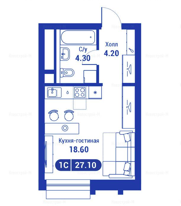 ЖК "iLove"
Самый распространенный вид планировок для небольших квартир/апартаментов. Часто их называют "Клетушки", потому что их много и они одинаковые : узкие прямоугольники с одним окном. 
Но, стоит отметить, что бывают узкие , а бывают оооочень узкие прямоугольники, в которые достаточно сложно в целом что-то поместить .  На данном примере более удачный вариант . 