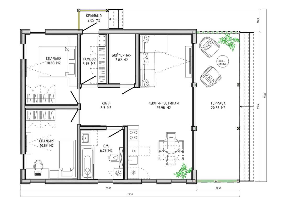 Планировка каркасного дома по типовому проекту "Шамони" от PINE&BRICK