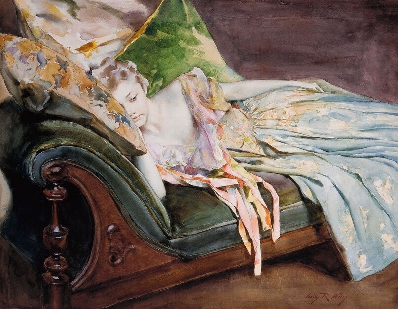 Художник Ирвинг Рамзи Уайлз (Irving Ramsey Wiles, 1861-1948), "Зеленая подушка" (The Green Cushion), ок. 1895 г.