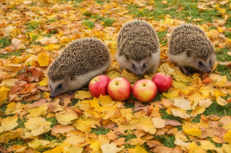 Ежи и яблоки осенью