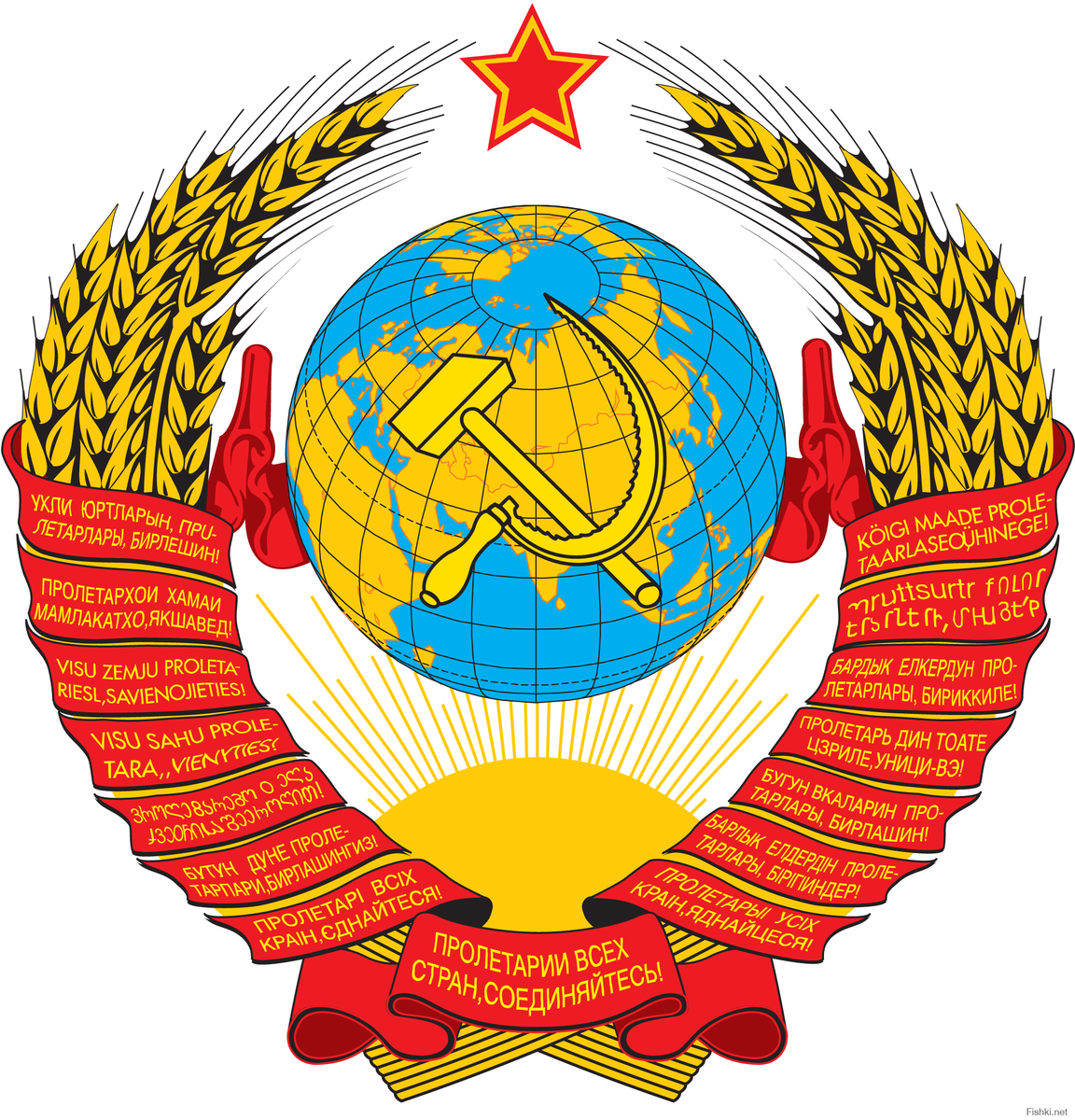  Советская символика 
Большевики полностью отреклись от символики русской нации. Поэтому в  советскую символику не были включены какие-либо русские этнические элементы. Более того советская символика  носила антирусский характер. 
Так, главным символом русской нации был православный крест, который обозначал приверженность русских духовным ценностям православного вероучения. Крест, в качестве государственного символа отвергло еще Временное правительство, удалив его из принятого герба и флага  
На место креста интернационалистами была выбрана пятиконечная  звезда – пентаграмма. Эта идеограмма имеет древнее смысловое значение: могущество, мистическая сила, тайная власть. В Новое время пятиконечная звезда использовалась масонами и другими тайными обществами для сплочения членов, создаваемых ими орденов. Некоторые авторы истолковывают пятиконечную звезду, как символ темных сил, прямо противоположных христианскому богу. Поскольку звезда, как символ власти большевиков и стоящих за ними сил должна была символически противостоять христианскому символу - кресту, то такая трактовка имее право на существование.   
Пятиконечная звезда была первоначально введена в качестве отличительного знака военнослужащих РККА ее начальником Львом Троцким. Он был известным поклонником оккультизма и подозревался в принадлежности к масонам. Это еще один аргумент в пользу антихристианского характера выбранного большевиками символа. 
По инициативе Л. Троцкого звезда стала ключевым элементом Ордена Красного знамени, учрежденного в сентябре 1918 г. и длительное время бывшего единственной советской государственной наградой. В символику орден входили: развернутое красное знамя, пятиконечная красная звезда, лемех плуга, молот, штык, скрещенные серп и молот, венок, сплетенный из дубовых листьев. На знамени размещался лозунг: «Пролетарии всех стран, соединяйтесь!». В нижней части ордена, на красной ленте были буквы «Р. С. Ф. С. Р.».
Характерно, что звезда на ордене была размещена острием вниз, как это характерно для знака предводителя нечистой силы – Бафомета. Эта символика вызвала недовольство у верующих, которых в то время было большинство в армии и на флоте. 
Видимо, учитывая это недовольство, звезда Бафомета длительное время не входила в составе ключевых символов советской нации. Как отмечалось в Конституции РСФСР 1918 г. «Герб Российской Социалистической Федеративной Советской Республики состоит из изображений на красном фоне в лучах солнца золотых серпа и молота, помещённых крест-накрест рукоятками книзу, окружённый венцом из колосьев и с надписью: а) Российская Социалистическая Федеративная Советская Республика; б) Пролетарии всех стран, соединяйтесь!».
Скрещенные серп и молот на гербе страны были символом союза крестьян и рабочих, восходящее солнце означало рассвет советской нации, а снопы колосьев вокруг герба - материальное изобилие. Восходящее солнце было языческим символом, использовалось разными народами и означало могущество. Пятиконечной  звезды на гербе не было.

В символике принятого в 1918 г. советского герба не было никакого русского элемента или отсылки к прошлому нации, поскольку предполагалось строить новую, не имеющую этнической составляющей нацию.
 
В апреле 1918 г. ВЦИК РСФСР  принимает решение, что флагом страны  является Красное Знамя с надписью «Россійская Соціалистическая Федеративная Совѣтская Республика». После была внесена корректировка в написание названия республики в соответствии с только что прошедшей реформой русской орфографии и в таком виде флаг просуществовал до 1954 г. Пятиконечной звезды на официально утвержденном флаге также не было.
Гимном РСФСР в 1918 г становится "Интернационал" – гимн международного социалистического движения. В исходном варианте текста французского поэта Э. Потье ключевое значение имел припев:
Время битвы настало,
Все сплотимся на бой.
В Интернационале
Сольется род людской!
То есть в тексте однозначно прописывалась идея построения всемирной наднациональной общности - Интернационала.
В тексте гимна РСФСР тезис о ликвидации этнических различий и создании всемирной наднациональной общности был сильно смягчен. Он звучал следующим образом:
Это есть наш последний
И решительный бой;
С Интернационалом
Воспрянет род людской!
Тем не менее, вполне понятно, что гимн должен был настраивать во время его исполнения всех жителей страны, да и жителей всего мира, на то, что в скором времени им придется отказаться от каких-либо этнических отличий, государственных делений и слиться в единой наднациональной и надгосударственной общности – Интернационале.
Гимн страны также нацеливал ее граждан на разрушение старого строя (мира) и строительство нового общественного строя. При этом было обещано существенное улучшение позиций социально ущемленных слоев, которые и были главным объектом идеологической мобилизации большевистской элиты. Звучала эта идея в "Интернационале "следующим образом: 
Вставай, проклятьем заклейменный,
Весь мир голодных и рабов!
Кипит наш разум возмущенный
И в смертный бой вести готов.
Весь мир насилья мы разрушим
До основанья, а затем
Мы наш, мы новый мир построим...
Кто был ничем, тот станет всем.
"Интернационал" был одновременно и государственным, и партийным гимном. 
Данное обстоятельство говорит о том, что большевики не делали на символическом уровне различий между партией и государством. Перекрещенные серп и молот, а потом и пятиконечная звезда использовались ВКП(б), а потом КПСС в качестве своей символики. У компартии не было собственных наград, которые бы отличались от государственных наград, не было даже своего значка, как, скажем, у комсомольской, пионерской, октябрятской организаций.
Отказ коммунистической партии от собственной символики ослаблял ее мобилизующий инструментарий и поэтому национал-большевики вели поиски решения этой проблемы. 
На партийных мероприятиях с 1938 г. стал широко исполняться "Гимн партии большевиков", написанный Александром Александровым и Василием Лебедевым-Кумачом. Ключевое значение в тексте гимна имели три следующих куплета:
И Маркса и Энгельса пламенный гений
Предвидел коммуны грядущий восход.
Дорогу к коммуне наметил нам Ленин,
И Сталин великий по ней нас ведёт!
Изменников подлых гнилую породу
Ты грозно сметаешь с пути своего!
Ты – гордость народа, ты – мудрость народа,
Ты – сердце народа, ты – совесть его!
Славой овеяна, волею спаяна,
Крепни и здравствуй во веки веков!
Партия Ленина, партия Сталина,
Мудрая партия большевиков!
Неофициальный гимн выполнял роль инструмента консолидации партийцев вокруг фигуры нового Вождя – И. Сталина, показывал преемственность проводимого им курса от классиков марксизма, через основателя государства В. Ленина, эмоционально оправдывал развернувшуюся борьбу с троцкистами. 
Собирание ряда народов бывшей Российской империи в рамках СССР на надэтнической основе привело к изменению содержания советской символики. 
В первой Конституции союза 1924 г. было записано: "Государственный герб Союза Советских Социалистических Республик состоит из серпа и молота на земном шаре, изображённом в лучах солнца и обрамлённом колосьями, с надписью на языках, упомянутых в ст. 34: „Пролетарии всех стран, соединяйтесь!“ Наверху герба имеется пятиконечная звезда». 
Ленты вокруг колосьев с надписями на языках титульных народов на гербе добавлялись и убавлялись в соответствии с изменением числа союзных республик в составе СССР.
Центральной фигурой советского герба стал земной шар. Он сообщал в графической форме, что СССР открыт для приема в свой состав всех народов мира. Прием народов в состав советской нации, по замыслу авторов Конституции, шел на основе принципа союза крестьян и рабочих. Это демонстрировали размещенные в центре земного шара серп и молот. 
В первом разделе Конституции СССР декларировалось следующее: "...новое союзное государство явится достойным увенчанием заложенных еще в октябре 1917 года основ мирного сожительства и братского сотрудничества народов, что оно послужит верным оплотом против мирового капитализма и новым решительным шагом по пути об’единения трудящихся всех стран в Мировую Социалистическую Советскую Республику.".
Этой принципиальной установке соответствовал и девиз создававшегося всемирного объединения народов - "Пролетарии всех стран, соединяйтесь!" То есть объединение было нацелено на ликвидацию государственности всех  наций и присоединение образовавшихся народов к советской нации. 
Восход солнца на гербе СССР означал грядущий расцвет всех народов, объединенных в Мировой Социалистической Советской Республике(и, соответственно, в советскую  нацию), а обрамление земного шара снопами колосьев – материальное изобилие этих народов.
Очевидно, что  появление пятиконечной звезды на гербе СССР связывалось с созданием Мировой Социалистической Советской Республики. Не случайно пятиконечная звезда появлялась потом на гербах всех социалистических стран.
Инициатором включения пятиконечной звезды в герб СССР был секретарь Президиума ЦИК СССР Авель Енукидзе. После включения в рисунок герба пятиконечная звезда заняла отдельное, и весьма важное место в советской символике, стала центральным элементом советского знамени.  
Мотивы действия А. Енукидзе не ясны, но известно, что он принадлежал к троцкистской группировке и вполне мог находится под влиянием масонских идей Л. Троцкого. Пятиконечная звезда на гербе СССР была уже изображена с лучом, направленным не вниз, как звезда Бафомета, а вверх. Это было важное изменение, но оно невольно наводило на мысль о наличия тайного заговора масонов и большевиков по захвату власти в мировом масштабе. Эта концепция получила достаточно широкое распространение в России и на Западе. В рамках этой концепции масонской интерпретации подвергались и другие советские символы – серп, молот. 
Для того, чтобы ослабить значение этой негативной трактовки ключевой советской символики большевиками было распространено следующее объяснение: «…красная пятиконечная звезда… – символ конечного торжества идей коммунизма на пяти континентах Земного шара…»(Большая Советская Энциклопедия).
Знамя СССР было учреждено в апреле 1924 г. постановлением Президиума ВЦИК, в котором ключевую роль играл А. Енукидзе, более мощный в личностном плане, чем фактический глава этого органа "всероссийский староста" М. Калинин. Знамя представляло собой красное полотнищем с изображением золотой пятиконечной звезды и скрещенных серпа и молота в верхнем левом крыже. Золотая звезда размещалась острием вверх. Символика флага не была утверждена решениями II Всесоюзного съезда Советов, принявшего  Конституцию и герб СССР. Даже спустя полтора года после подписания Договора об учреждении СССР стороны не могли прийти к соглашению относительно символики союзного флага и передали решение вопроса на утверждение номенклатурной бюрократии, которая на тот момент была по преимуществу троцкистской. Спор шел как раз о включении в советскую символику звезды.
Союзные республики, вошедшие в состав СССР, получили свои собственные флаги и гербы. Они представляли собой модификации общесоюзного флага и общесоюзного герба. Что характерно, РСФСР, Украинская ССР и Белорусская ССР, то есть республики с преимущественно христианским населением, первоначально не внесли в свою символику пятиконечную звезду. То есть она была инициирована узкой группой московской бюрократии, троцкистской ориентации. Наличие государственной символики, равно как и своих конституций, подчеркивало более высокий статус титульных народов по сравнению с проживавшими рядом с ними не титульными народами. 
При образовании СССР его гимном стал гимн РСФСР – «Интернационал» с заложенной в нем содержательной ориентацией на мировую революцию и объединение всех народов мира в рамках Интернационала. Собственного гимна у РСФСР не оказалось.
Приход к власти национал-большевиков повел за собой существенные изменения в государственной символике.
В Конституции СССР 1936 г. положение о строительстве Мировой Социалистической Советской Республики не была включено. И. Сталин снял выдвигавшийся интернационалистами тезис о неизбежности мировой революции, беспокоивший правительства других стран. Декларировалось, что социализм уже построен в СССР и навязывать его другим странам никто не собирается.
Это крайне важная причина принятия новой Конституции, которая практически не упоминается  российскими правоведами.  
В новой союзной Конституции четко были прописаны права автономных республик. Они получили свои конституции, флаги и гербы. Все эти атрибуты государственности были скопированы с общесоюзных и союзно-республиканских, но имели надписи на языках титульных автономно-республиканских народов. Эта символика демонстрировала повышение социального статуса последних в советской этнической иерархии. 
Национал-большевики полагали, что данные символические уступки позволят усилить их влияние на массы титульных народов автономий, свяжут их с компартией, а через нее втянут массы автономно-республиканских титульных народов в состав советской нации. 
По Конституции 1936 г. союзные и автономные республики не получали права на свои гимны. Причиной этого было то обстоятельство, что основная часть народов, которым присвоили статус титульных, не имела пригодных для этого литературных и музыкальных наработок. Русскому народу, в соответствии с присвоенным ему большевиками низким социальным статусом, гимна не полагалось. 
Отметим, что и в Конституции СССР 1936 г., и в принятых позднее на ее основе конституциях союзных республик не упоминалось о том, что русский язык является официальным и обязательным к употреблению. Юридическая фиксация того, что русский язык de facto был государственным противоречила концепции интернационалистской советской нации. Ведь все права титульных народов союзных и автономных республик объявлялись равными, в том числе и право на использование своего языка в качестве официального, а тут оказывалось, что русский язык главнее остальных. Возникала правовая коллизия: русского народа в СССР в юридическом плане не существовало, а русский язык выполнял функции официального (государственного) языка.
После нападения немцев на СССР национал-большевики взяли курс на укрепление патриотического настроя членов советской нации, прежде всего ее важнейшего - русского народа. Война была объявлена Великой Отечественной. Пересмотру подверглось содержание многих символических инструментов, в том числе и гимн страны. 
В конце 1943 г. был принят, а с первой четверти 1944 г. стал официально исполняться  новый гимн страны. Текст к этому гимну написал С.Михалков, а музыку А.Александров. Гимн начинался куплетом: 
Союз нерушимый республик свободных
Сплотила навеки Великая Русь.
Да здравствует созданный волей народов
Единый, могучий Советский Союз!
Смысл этого куплета заключался в возвеличивании роли Руси, как исторического политического образования, вокруг которого сплотились другие народы страны. Русский народ в тексте не упоминался по имени, хотя он и был государствообразующим на Руси. Тем не менее, гимн косвенно признавал важнейшую роль русского народа в истории государственных образований существовавших до СССР.
Причиной выделения значения русского народа, пусть в иносказательной форме, как государственного образования Русь, было его самоотверженное участие в защите Родины от иностранных захватчиков.  Происходило это на фоне предательства и массового перехода на сторону врага многих титульных народов союзных и автономных республик, имевших более высокий социальный статус в советском обществе. 
Далее в тексте нового гимна отмечалась роль В. Ленина и И. Сталина в становлении советской нации(использовался термин советский народ), говорилось о важнейшей роли армии в защите Отечества и то, что судьба будущих поколений решается в битвах. То есть, признавалось, хотя и косвенно, что советская нация является наследником русской нации. Этот, полный эвфемизмов, текст гимна создавал совершенно иной настрой у советских людей, чем «Интернационал». Исполнение нового гимна в торжественной обстановке на символическом и эмоциональном уровне было отдание должного заслугам русского народа.
В послевоенное время были написаны и утверждены гимны союзных республик. В них везде были упоминания о роли коммунистической партии, ее вождей В. Ленина и И. Сталина, декларировалась дружба народов. А вот русский народ в каких-то республиканских гимнах упоминался, а в каких то нет. 
Вот какой ключевой куплет содержался в гимне Украинской ССР, принятом в 1949 г.:
Нам всегда в битвах за судьбу народа
Был другом и братом русский народ.
И Ленин озарил нам путь к свободе,
И Сталин ведёт нас к светлым высотам.
А вот в принятом в 1945 г. гимне Эстонской ССР упоминания о Руси, а тем более о русском народе не было. Запев звучал следующим образом:
Живи, сын Калева — народ наш славный,
И стой, отчизна наша, как скала.
Сквозь все страдания веков бесправных
Отвагу ты и доблесть пронесла.
То есть воспевался только эстонский народ. Это после того, как он сформировал в годы Великой Отечественной войны целую дивизию войск Ваффен СС. Но эстонские национал-коммунисты хорошо разбирались в раскладах в коммунистической бюрократии и не собирались уступать свои права на использование символических инструментов кому-либо. Мнение И. Сталина о русском народе и его роли в войне они не сочли нужным принимать во внимание, и это сошло им с рук.
В 1946 г. началась работа над созданием гимна РСФСР. Проект музыки к нему предоставили, к примеру, композитор С. Прокофьев и поэт С. Щипачев. Однако развернувшаяся вскоре борьба И. Сталина с возросшим влиянием русских военных и русских национал-коммунистов повлекла за собой сворачивание работы над созданием российского гимна.  Последняя версия стихотворения С.Шипачева имела такие два куплета:
В грозах окрепла Россия родная
Смелый единый взрастила народ.
Правдой великой свой путь озаряя
К силе и славе вперёд поведёт!

Славься, Россия - отчизна свободы!
К светлым просторам идем мы вперед!
Славься единство свободных народов!
Славься великий российский народ!

Стихотворный текст уже понижал Русь до России, а русских обозначал, как россиян. Однако даже этот, урезанный в смысловом плане текст показался И. Сталину излишне русско ориентированным  и работы над гимном были приостановлены.

20 января 1947 г. было принято Постановление Президиума Верховного Совета СССР «О государственных флагах союзных республик». Оно  дозволяло базовую модель союзного красного флага со звездой и перекрещенным серпом и молотом дополнять цветными полосами и орнаментами, которые отражали этническую специфику титульного народа союзной республики. 

Явный этнический орнамент попал только на флаг Белорусской ССР, а руководство остальных республик ограничились нейтральными в смысловом отношении цветовыми полосами, которые символизировали небо, воду, леса. Флаги автономных республик дублировали флаги союзных республик, добавляя к ним надпись с названием республики на двух соответствующих титульных языках и на русском языке.

Попытка артикуляция в 1947 г. русскими национал-коммуниcтами под руководством секретаря ЦК А. Кузнецова проблемы повышения статуса русского народа и в связи с этим изменения символики РСФСР, наделения республики самостоятельной столицей, как мы уже упоминали, легла в основу т. н. "ленинградского дела". В ходе этого "дела" национал-большевики репрессировали А. Кузнецова и группировавшихся вокруг него партийцев из колыбели октябрьской революции. 
С этим обстоятельством следует связывать не только тот факт, что РСФСР не получил своего гимна, но и то, что специфическая голубая полоска у древка флага республики появилась только в январе 1955 г., то есть после смерти И. Сталина. В это время новый первый секретарь партии Н. Хрущев искал поддержки у русских-национал коммунистов в борьбе с национал-большевиками и решил, что разрешение на голубую полоску на флаге вполне достаточно, для того, чтобы удовлетворить все запросы русского народа.  
Пришедший к власти после смерти И. Сталина троцкист Н. Хрущев мало разбирался в символике и серьезно не занимался ее корректировкой. Например, так и не были внесены изменения в текст советского гимна, в котором упоминалось имя И. Сталин. Работа партийного аппарата над решением этой проблемы велась, но не была закончена. Союзный гимн на официальных государственных мероприятиях исполнялся без слов. То же было и с гимнами союзных республик, в которых в текстах упоминалось имя И.. Сталин. "Гимн большевистской партии" перестал публично исполняться, поскольку содержал не только славословия в адрес Иосифа Виссарионовича, но и упоминал о его беспощадной борьбе с троцкизмом.
Поскольку фигура И. Сталина в идеологическом плане была неразрывно связана с партией и государством все действия по разрушению связанных с вождем символов воспринимались массой советских людей, как разрушение символов государственности. Поддержку разрушения сталинской символики оказывала только та часть интеллигенции, которая стояла на троцкистских позициях.
Формирование советской нации при генеральном секретаре партии Леониде  Брежневе проходило с внесением существенных изменений в государственную символику и в Конституцию.
При нем были утверждены новые слова к гимну СССР. В редакции 1943 г припев гимна СССР звучал следующим образом:
Славься, Отечество наше свободное,
Славы народов надёжный оплот!
Знамя советское, знамя народное
Пусть от победы к победе ведёт!
В редакцию текста гимна от 1977 г. С. Михалков внес поправки и он теперь имел следующий вид: 
Славься, Отечество наше свободное,
Дружбы народов надёжный оплот!
Партия Ленина — сила народная
Нас к торжеству коммунизма ведёт!
Таким образом смысловой акцент в определении субъекта строительства советской нации был перенесен с народа на коммунистическую  партию.  Главным стало упование на победу «бессмертных идей коммунизма». Помимо этого, из текста гимна убрали слова о том, что советский народ наследует деяния предыдущих поколений и опирается на силу армии. Фигура И. Сталина была из слов гимна удалена, а значение фигуры В. Ленина повышено. Что характерно, имя Л.Брежнева в гимн не было включено.Время вождей прошло.
Таким образом, текстуально в гимне страны отразился отказ правящей элиты от национал-большевистских установок. Их заменили интернационалистскими установками на строительство всемирной коммунистической общности, в которой должна была раствориться советская нация. 
Соответствующие изменения были сделаны в текстах гимнов всех союзных республик и они стали исполняться на торжественных мероприятиях уже со словами.
В 1977 г. Верховный Совет СССР принял новую Конституцию СССР.  В ней  сохранилась символика флага и герба, которая была зафиксирована в сталинской конституции 1936 г. 
Сохранилось содержание символики флагов и гербов в новых редакциях конституций союзных и автономных республик.
Пришедший на смену Л. Брежневу  М.Горбачев был сосредоточен на трансформации большевистского красного проекта в буржуазный белый проект. Делалось это им скрытно и до завершения трансформации они не видели смысла в изменении советской символики. 