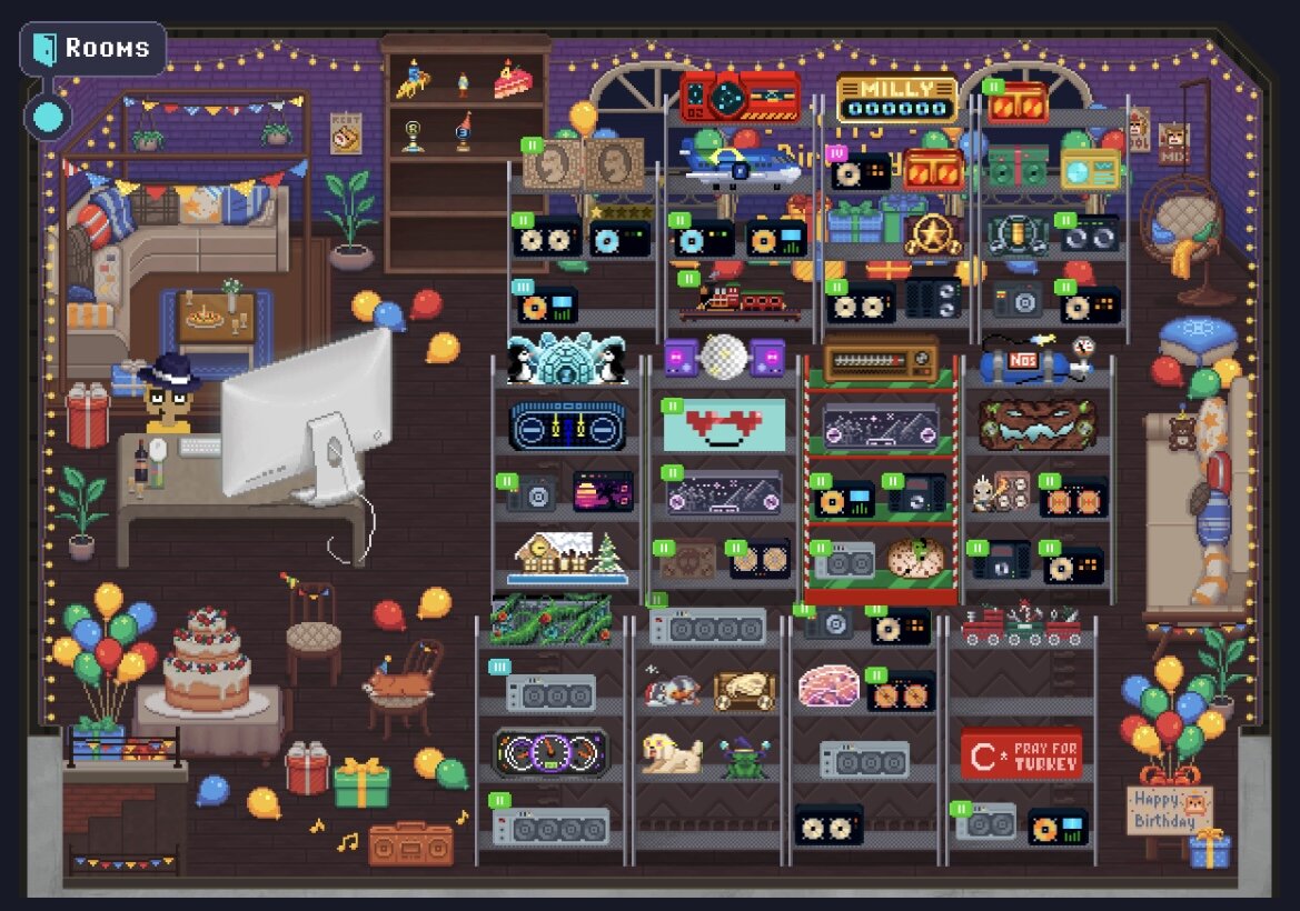 Личный кабинет нашего персонажа со стеллажами видеокарт