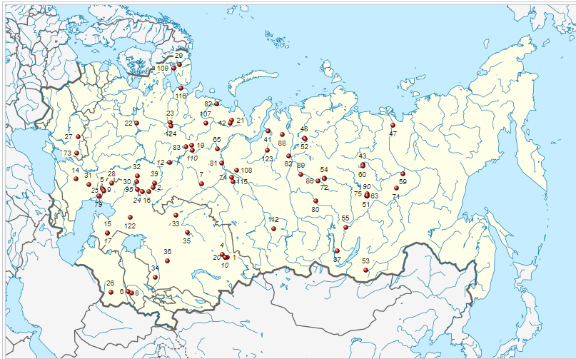 Карта мирных ядерных взрывов в СССР. Ивановский под номером 22/ © ru.wikipedia.org