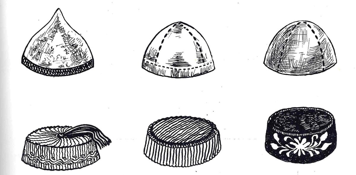 Разновидности тюбетеек по форме. Из книги Р.Г. Мухамедовой «Татарская народная одежда» 1997 г.