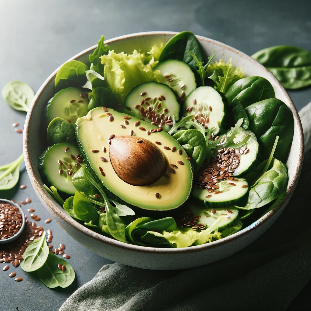 Зеленый салат с авокадо, огурцом и семенами льна