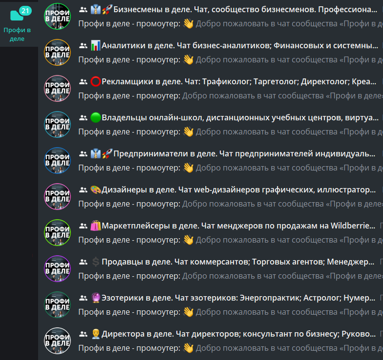 Сообщества по интересам в Телеграм-чатах "Профи в деле"