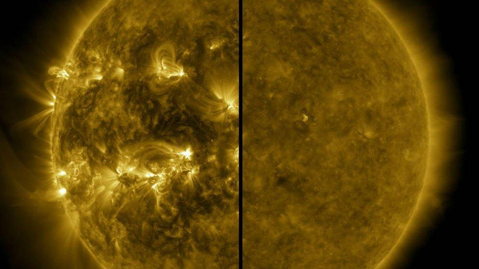 На одном фото спокойное солнце, на другом с умеренными вспышками, NASA круглосуточно следит за солнечной активностью. Фото: NASA/SDO
