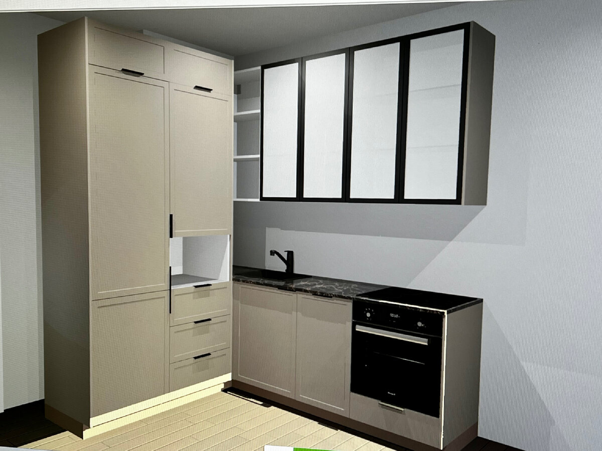 Дверца на второй колонне условна, будет сплошной, без разрыва. А открытые полки, которые здесь выглядят, как просто белый каркас, я закажу в другой организации, сделаю их красивыми и необычными. Цвет фасадов также будет изменён.