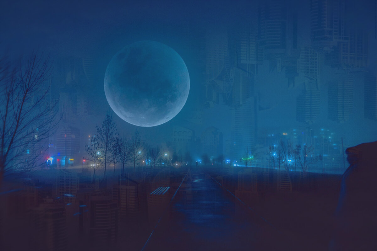 Луна над линиями улиц, над чередой домов сутулых... Коллаж из сетевых ночных одиночеств