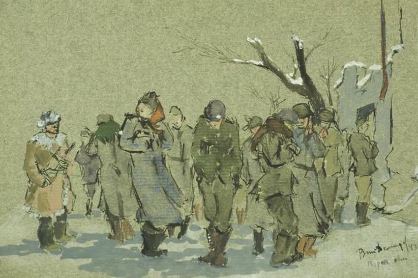 В 1943 году Виталий Демидов ("Воронеж. Пленные") и Владимир Богаткин ("Улица Чайковского") на своих рисунках запечатлели город после освобождения/Музей имени Крамского.