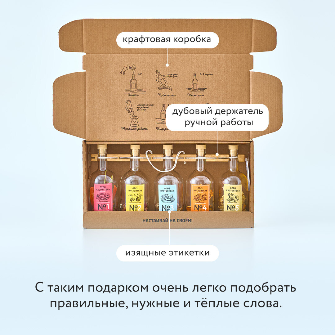 Подарочный набор для приготовления настоек "Пятый сезон". Готовые авторские рецепты в 5 бутылках по 700 мл, объединенных дубовым держателем, в крафтовой подарочной упаковке.