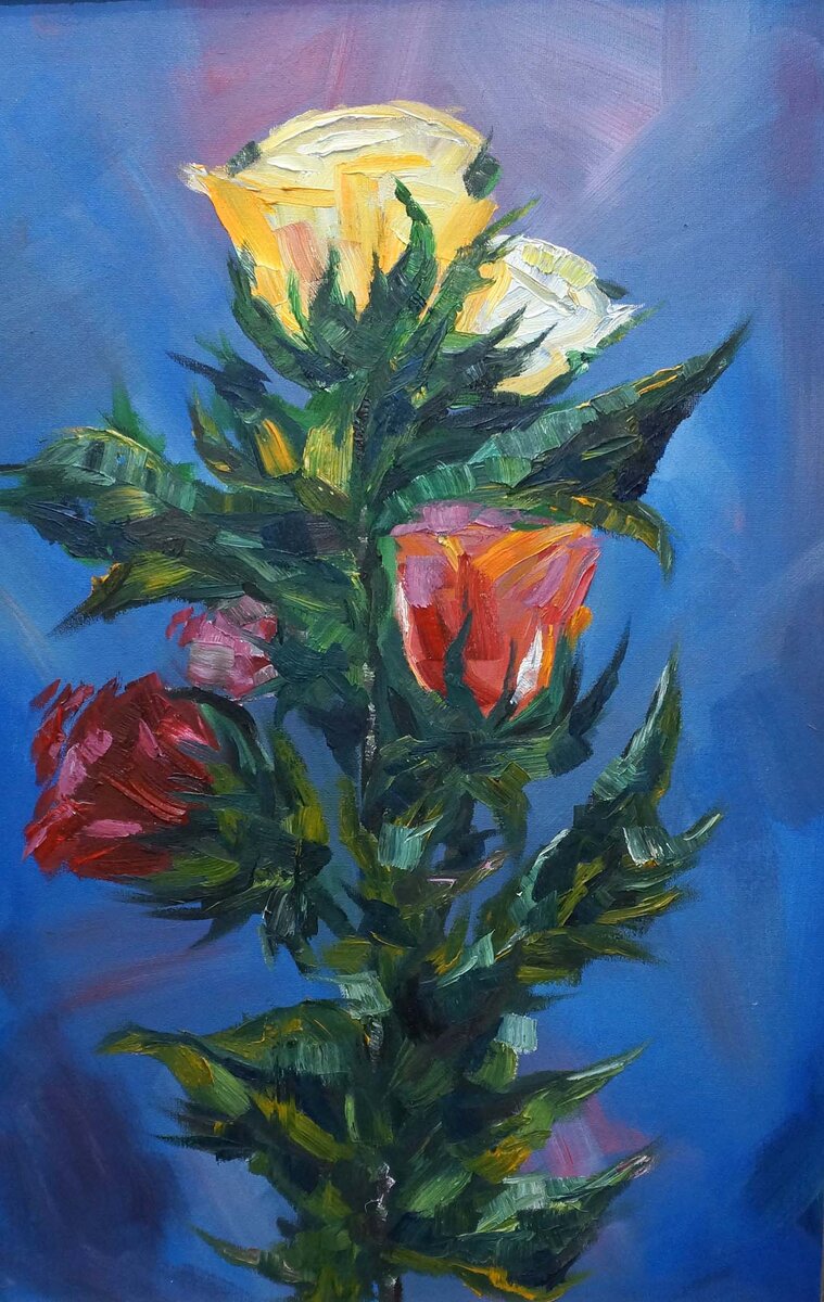 20  Хасанова Наталья "Розы на синем" 60х40 холст картон масло 2023 г                                                                   6 000