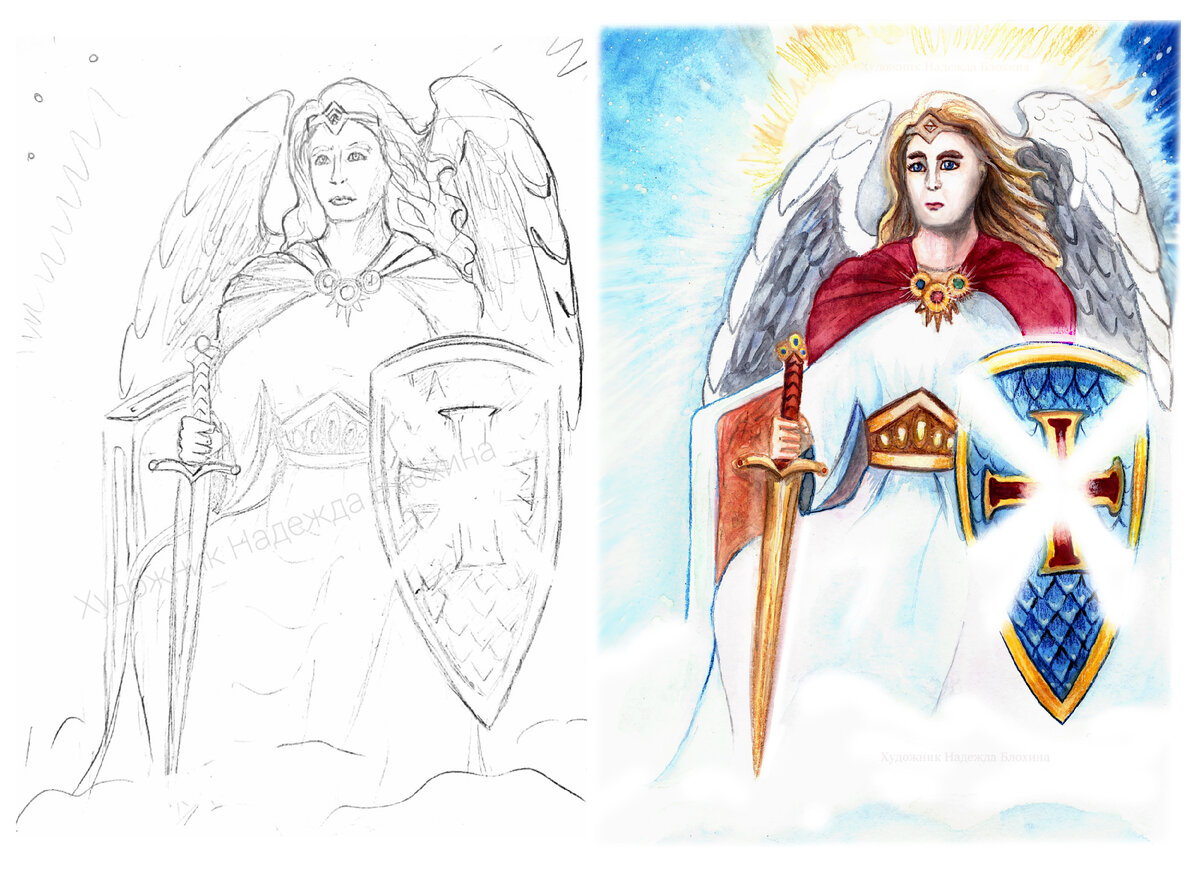 Здесь - эскиз карандашом и финальная цветная иллюстрация для книги Марии Жемеревой "Белый Ангел".