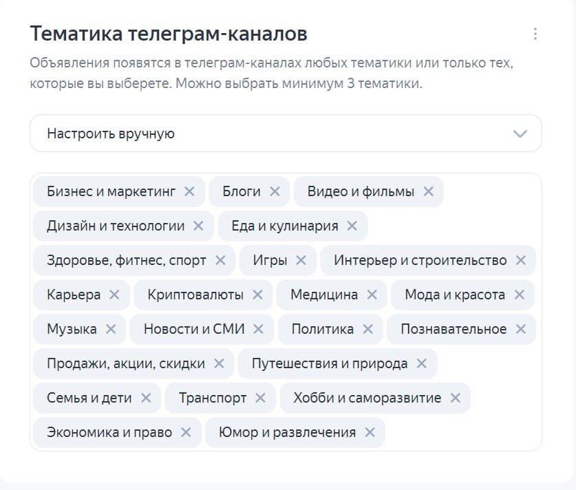 Тематики каналов, в которых будет показываться объявление и вид объявления
