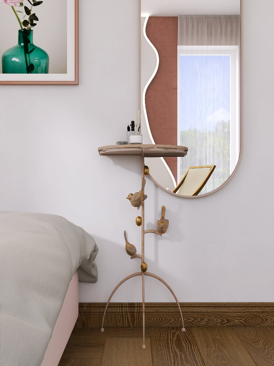 Декоративная деталь - птички. Консоль крепится к стене на уровне столешницы. Зеркало целое. 