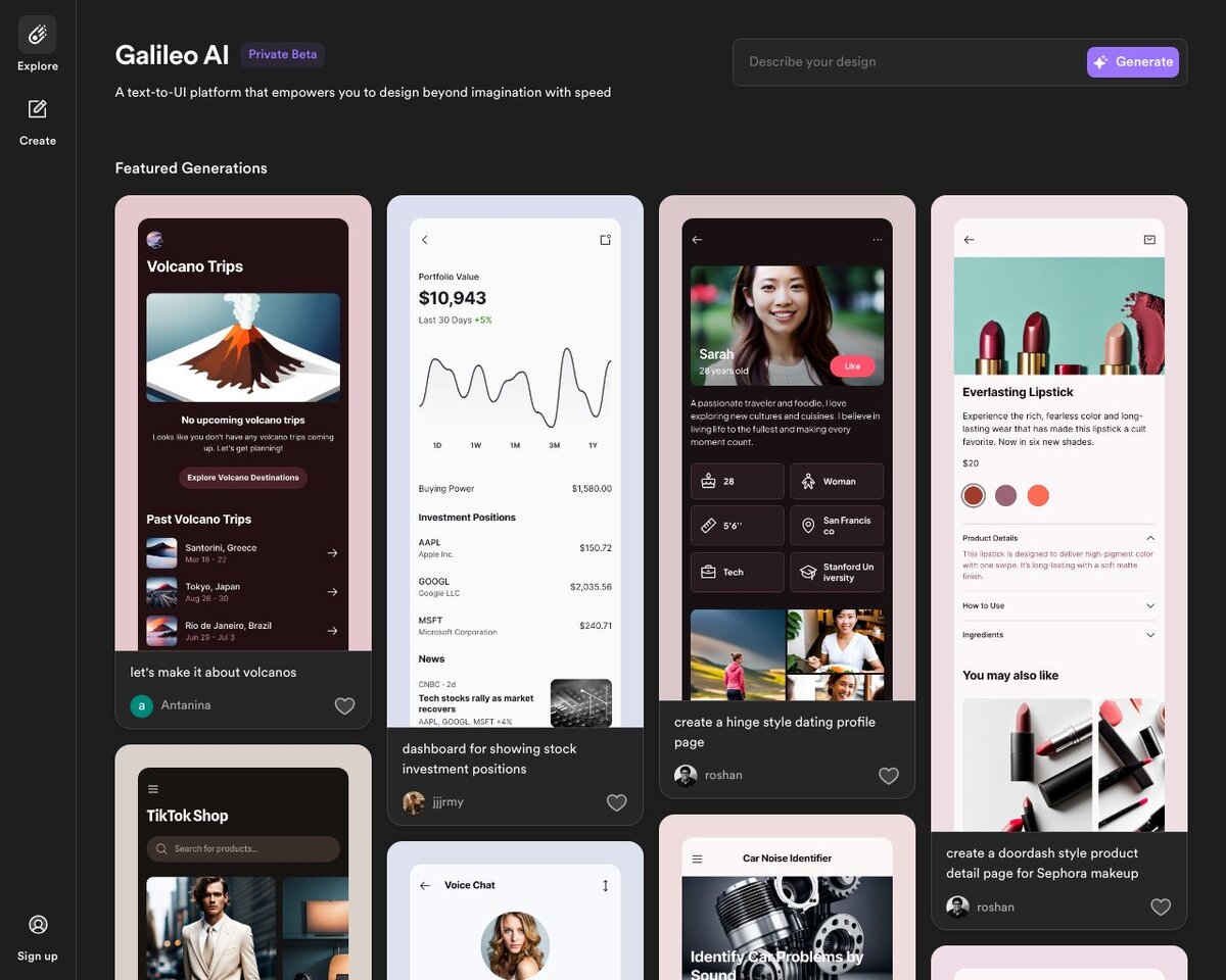Примеры сайтов, созданных с помощью Galileo AI