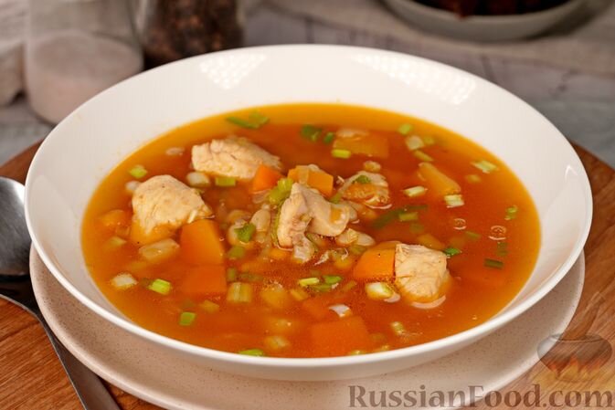 тыква, филе куриное, фасоль консервированная белая, лук репчатый, корень сельдерея, масло растительное, соль, перец чёрный молотый, паприка молотая, лук зеленый