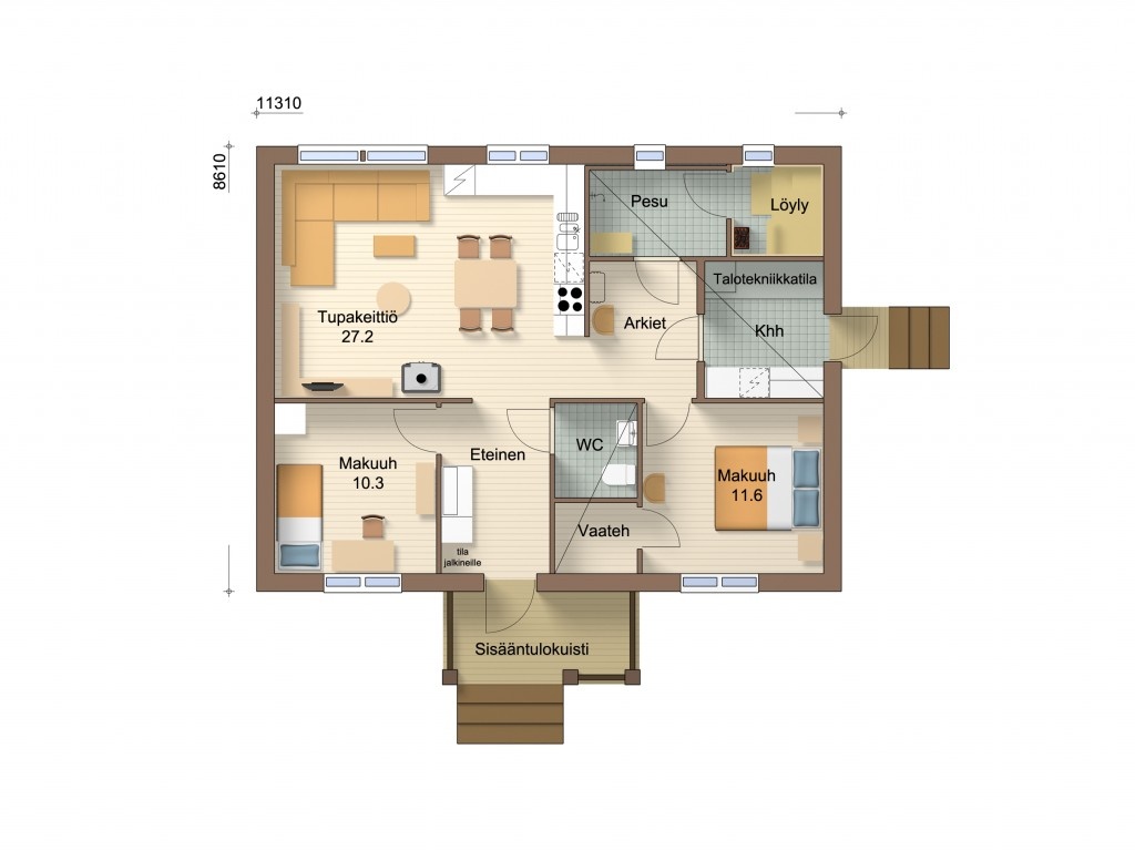 


Описание планировкиПланировка подойдет небольшой семье. В доме есть классическая финская сауна.Основные характеристики
Габариты 8,5*11,3 м   Площадь 97 кв.м   Этажность 1   Спален 2   Технология брус, каркасИсточник ___Оценка проекта
Классический финский дом с парной. Отличный внешний вид — простые фасадные решения делают дом ярким и красивым.Из минусов: Парная примыкает ко внешним стенам — соответственно внутри стены очень большой температурный перепад и точка росы будет регулярно внутри стены, что приведет к накоплению влаги и постепенному разрушению конструкции. 
Парная в жилом доме — пожароопасность. 
Мало мест хранения.
В общем проект для очень больших любителей сауны.
Что бы я улучшил: убрал бы парную, увеличил бы Гостиную и мастер-спальню, добавил бы нормальную гардеробную и гостевой санузел при входе.
Я бы дал оценку 4.