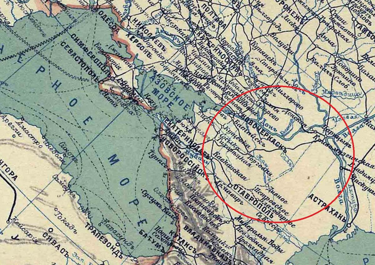 © public domain (Линии Царицын – Тихорецкая и Кавказская – Ставрополь на карте Министерства Путей Сообщения 1916 г.)