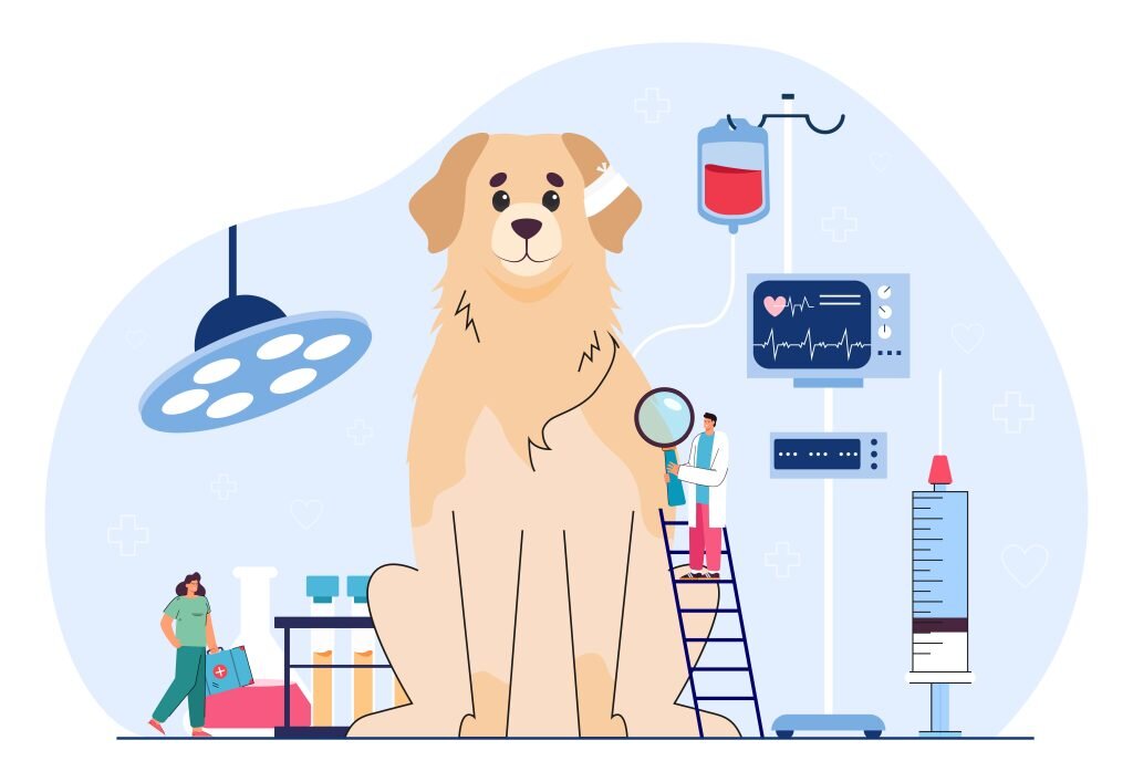    Tiny veterinarians examining dog flat vector illustration. Doctor treating huge animal at vet clinic, taking care of health, determining diagnosis. Hospital, medical pet service, veterinary concept Семен Жаворонков