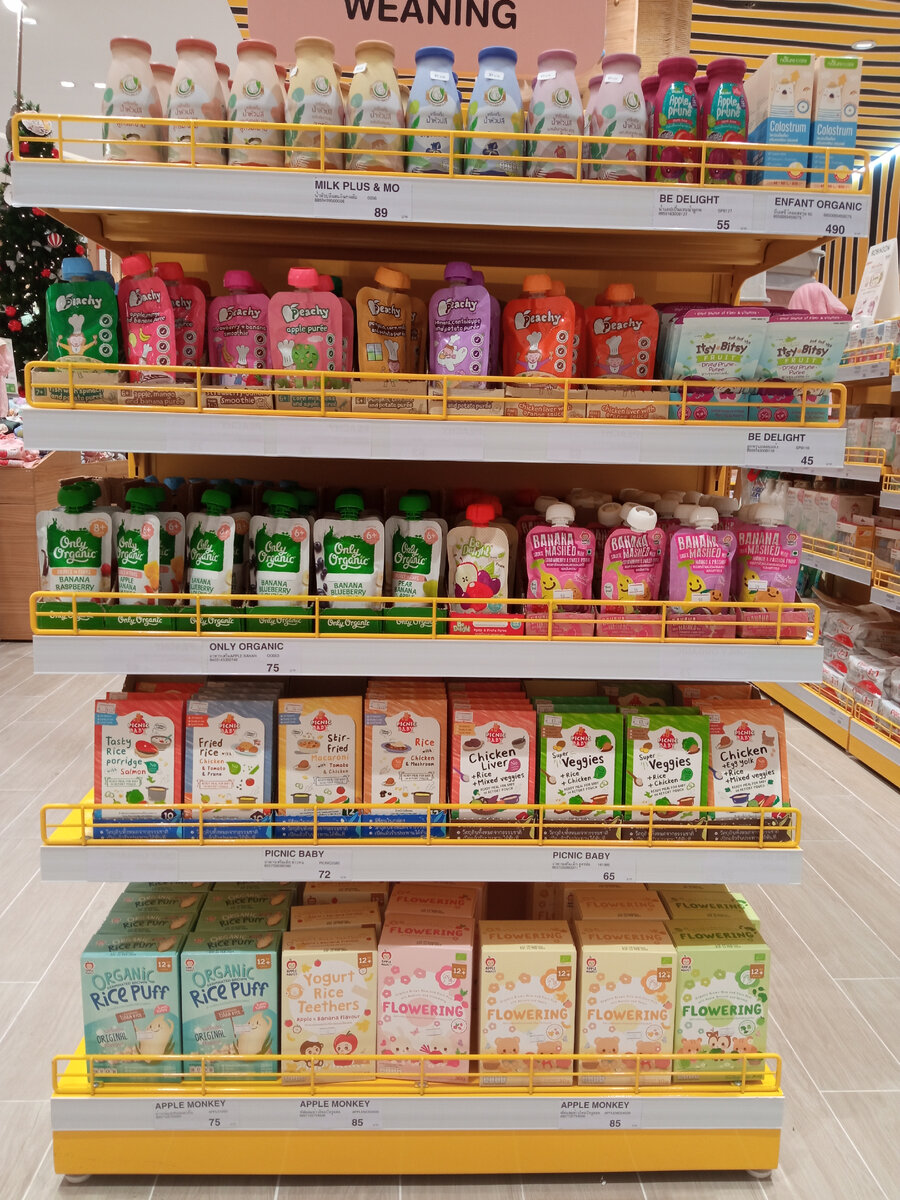 На верхней полке - соки. Вторая полка сверху - в опасном пюре овощи и мясо (рыба). Третья - фруктовые пюре. На четвертой пюре, которые обычно брала сыну на обед или ужин. Там в составе рис, овощи и мясо (рыба). Последняя полка - перекусы.