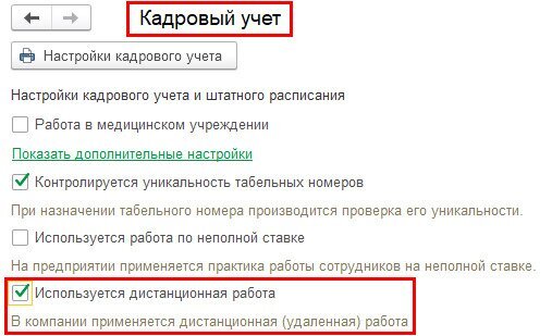 Рис. 1. Новый флаг «Используется дистанционная работа» в настройках Кадрового учета в программе «1С:Зарплата и управление персоналом 8» ред. 3  