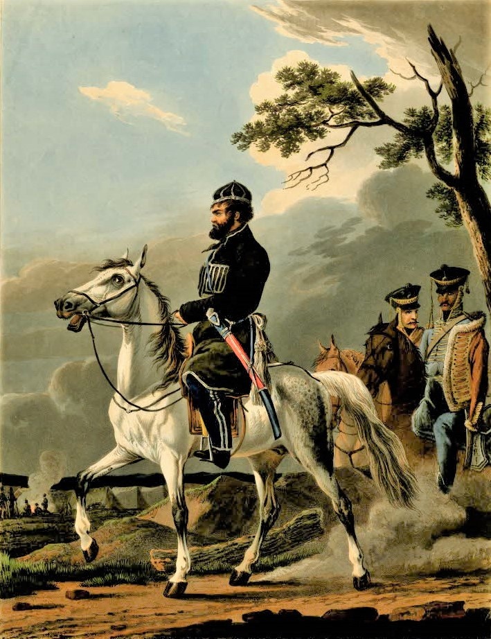 Портрет Дениса Давыдова 1814года. Денис Давыдов  сидит на лошади в чекмене (черкеске) с газырями на груди и шашкой на плечевой портупее...