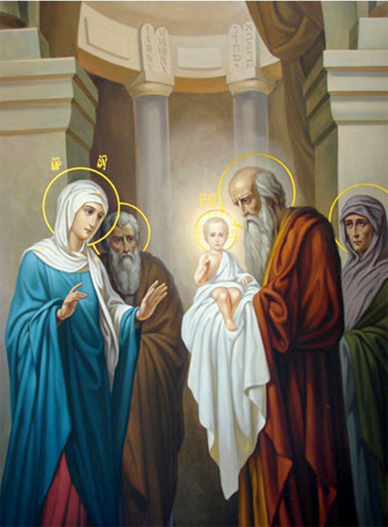 Икона праздника Сретения Господня. Чудесным образом передаёт дух библейского события. На ней Младенец Христос в сиянии света, а Богородица в бело-голубом одеянии, символизирующем Её чистоту и непорочность, что нашло отражение в тропаре Праздника