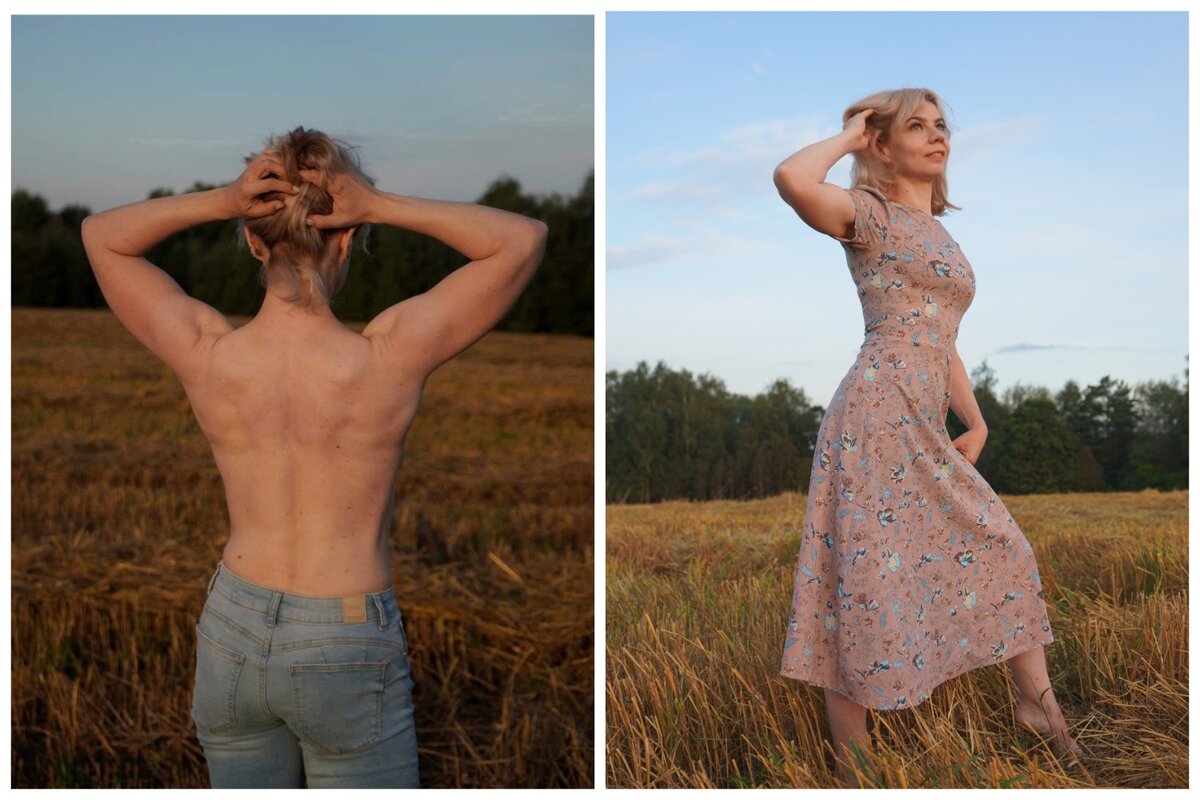 Я не представляю, как поддерживать женскую фигуру после 40, если не накачать мышцы. Эти фото - не "до" и "после" силовых тренировок. Они сделаны в один день. Ничего особенно брутального в накачанной спине нет, если одеваешь платье. Просто здоровая, не сутулая и без складок спина. В середине спины вы можете увидеть небольшое искривление. Оно не мешает и не является противопоказанием к тренировкам. Взрослый человек тренироваться со сколиозом может.