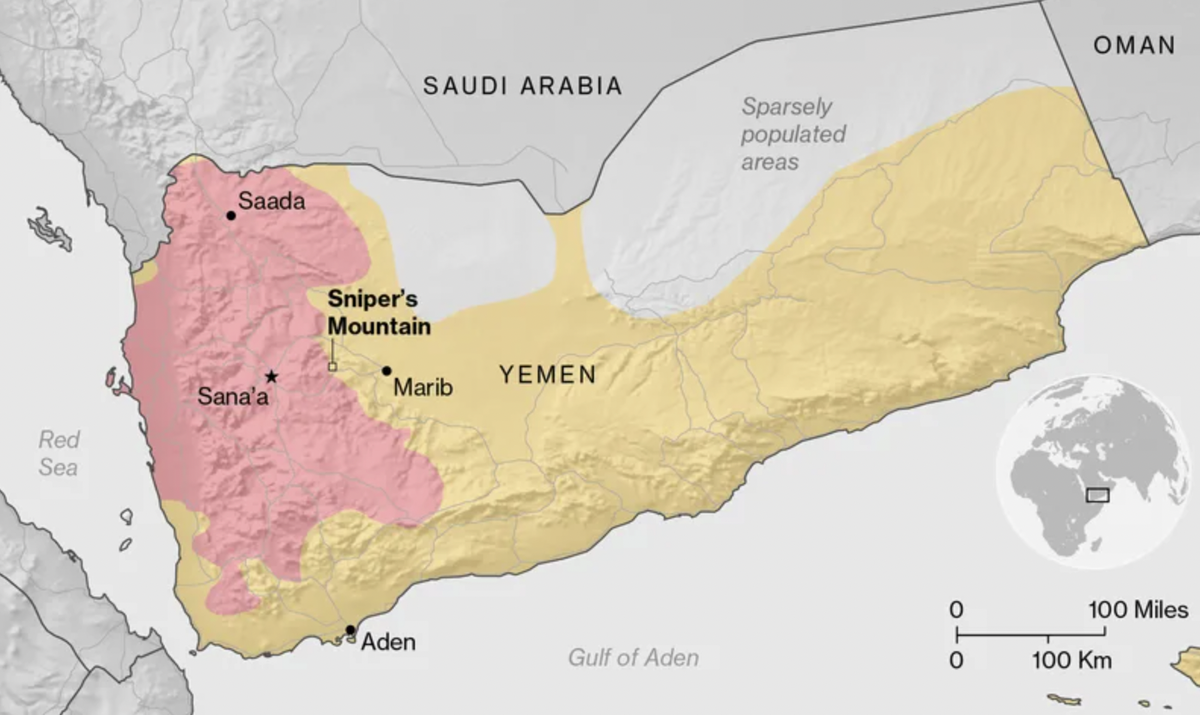 Розовым отмечена примерная территория, контролируемая хуситами