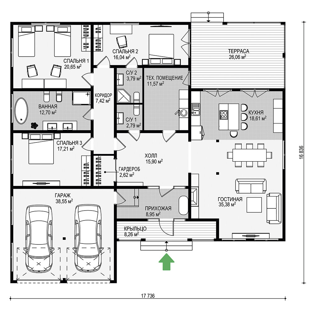 Проект одноэтажного дома с гаражом, общей площадью 246,5 м² | АО «ТАМАК» |  Дзен