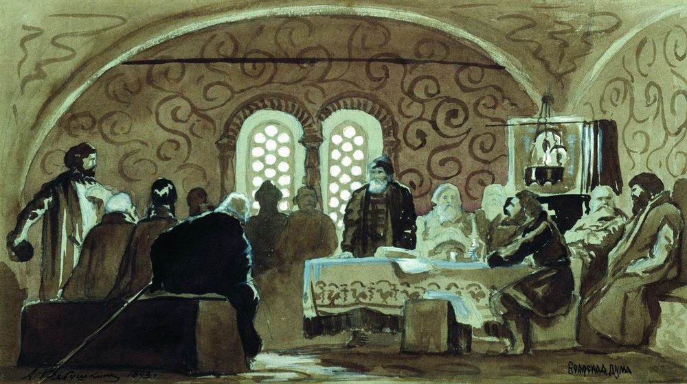 Боярская дума. 1893. Бумага, акварель. Художник: Андрей Петрович Рябушкин  (1861–1904).