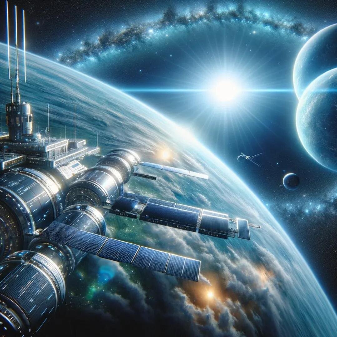 Фото зарисовка космической станции на околоземной орбите Старчуна с невероятным видом на Ригель сделанная искусственным интеллектом openAI