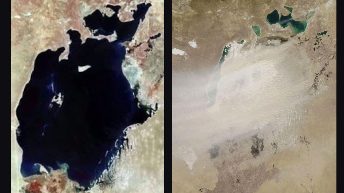 Аральское море - все еще полноводное в 1973 (слева); высохшее с хорошо заметными песчано-солевыми "облаками" в 2022 (справа). Снимки со спутников. Источник: https://flomaster.top/