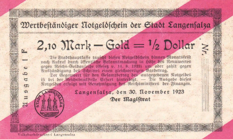 Нотгельд Лангензальца, 2.10 золотых марок, 1923 год