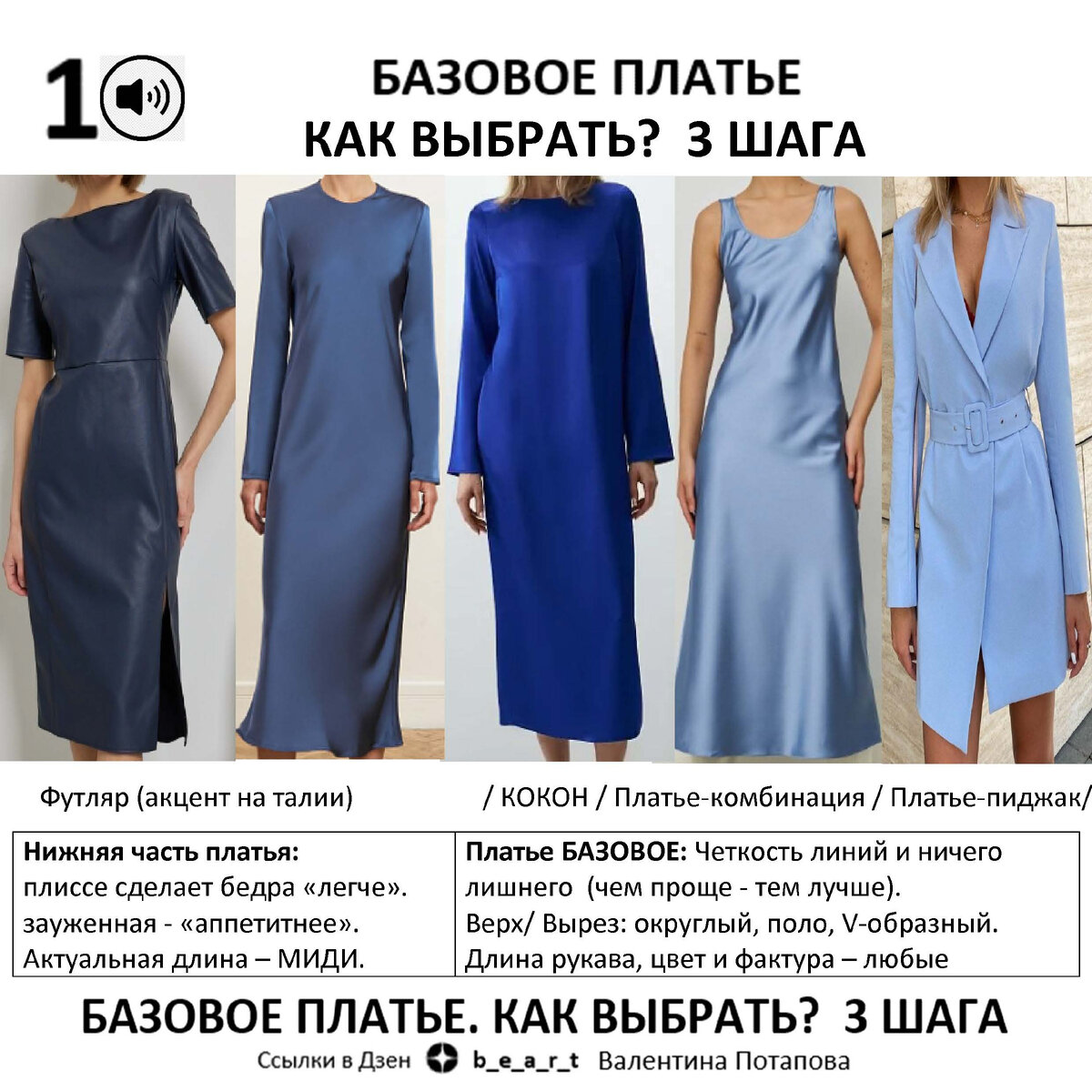 Платье БАЗОВОЕ: Четкость линий и ничего лишнего (чем проще - тем лучше). Верх/ Вырез: округлый, поло, V-образный.