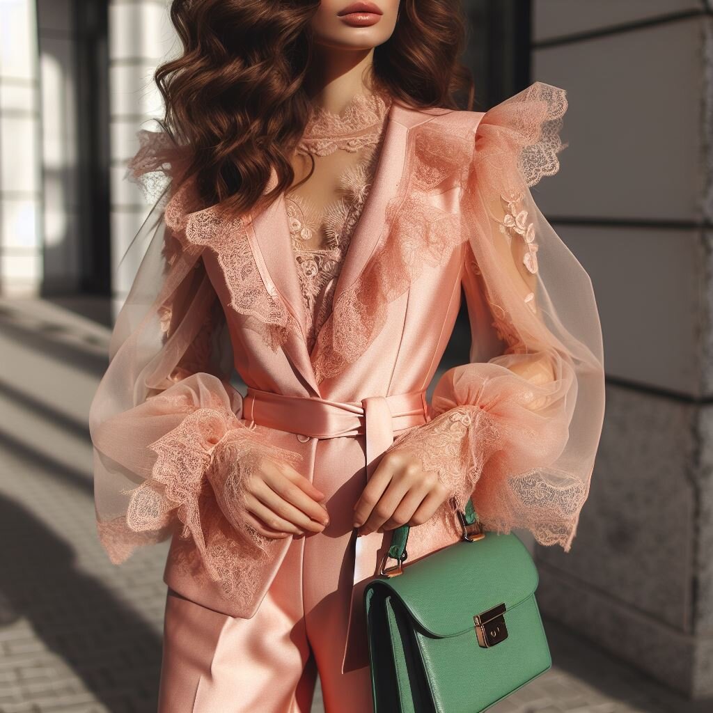 зеленая сумка в костюму цвета Peach Fuzz («персиковый пушок»)