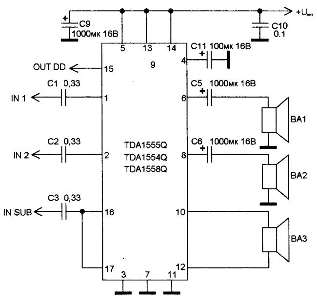 Схема автомобильного аудио-усилителя на микросхеме TDAJ (4x20W)