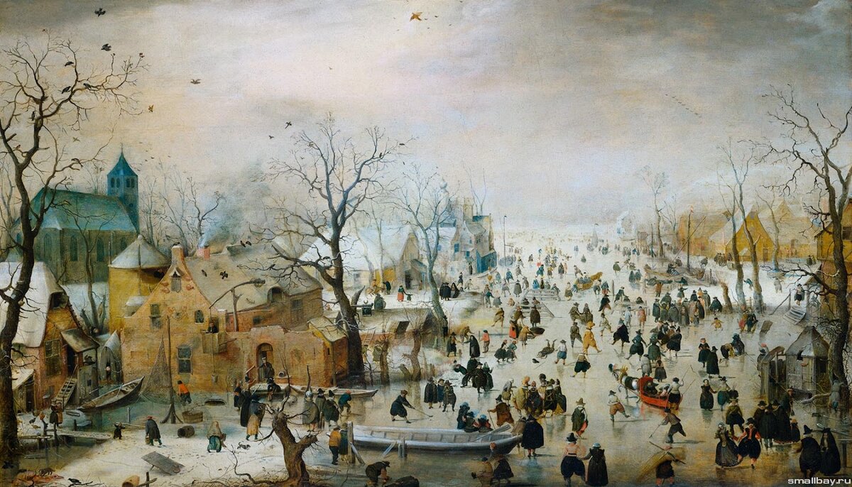 Хендрик Аверкамп, 1608 год,  "Зимний пейзаж с фигуристами".