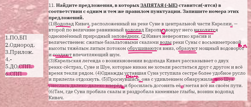 Пример выполнения задания 21 моей ученицей. Слева - столбик с номерам предложений, куда она вписывала кратко правила, которые увидела в каждом из предложений.