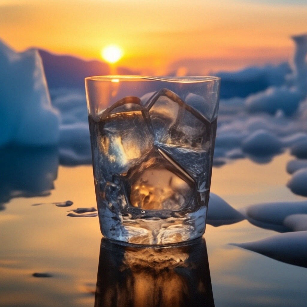 Тающий лед в стакане, на фоне потепления.