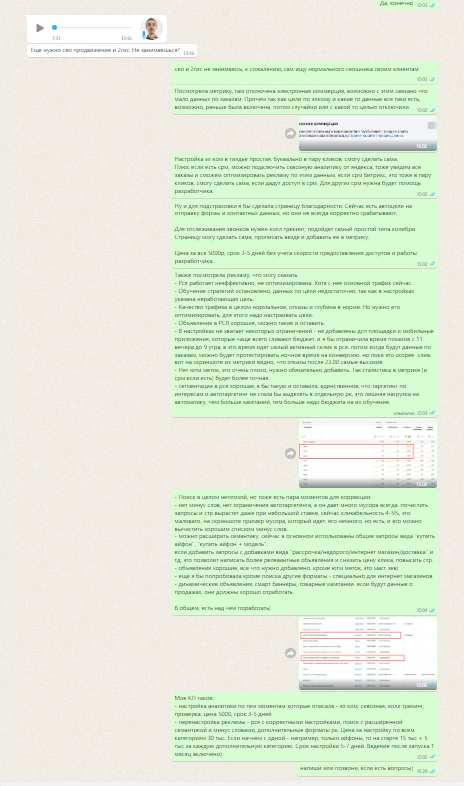 Лучше конечно делать КП отдельным файлом, а не перепиской в вацапе, но тут особенность проекта и клиента, которому удобно общаться в мессенджере.